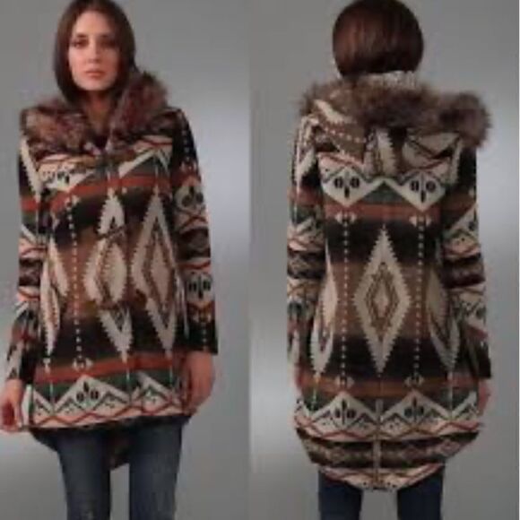 BB Dakota Navajo Bostwick Aztec Wool Faux Fur Southwestern Blanket Jacket Coat S - Picture 2 of 10